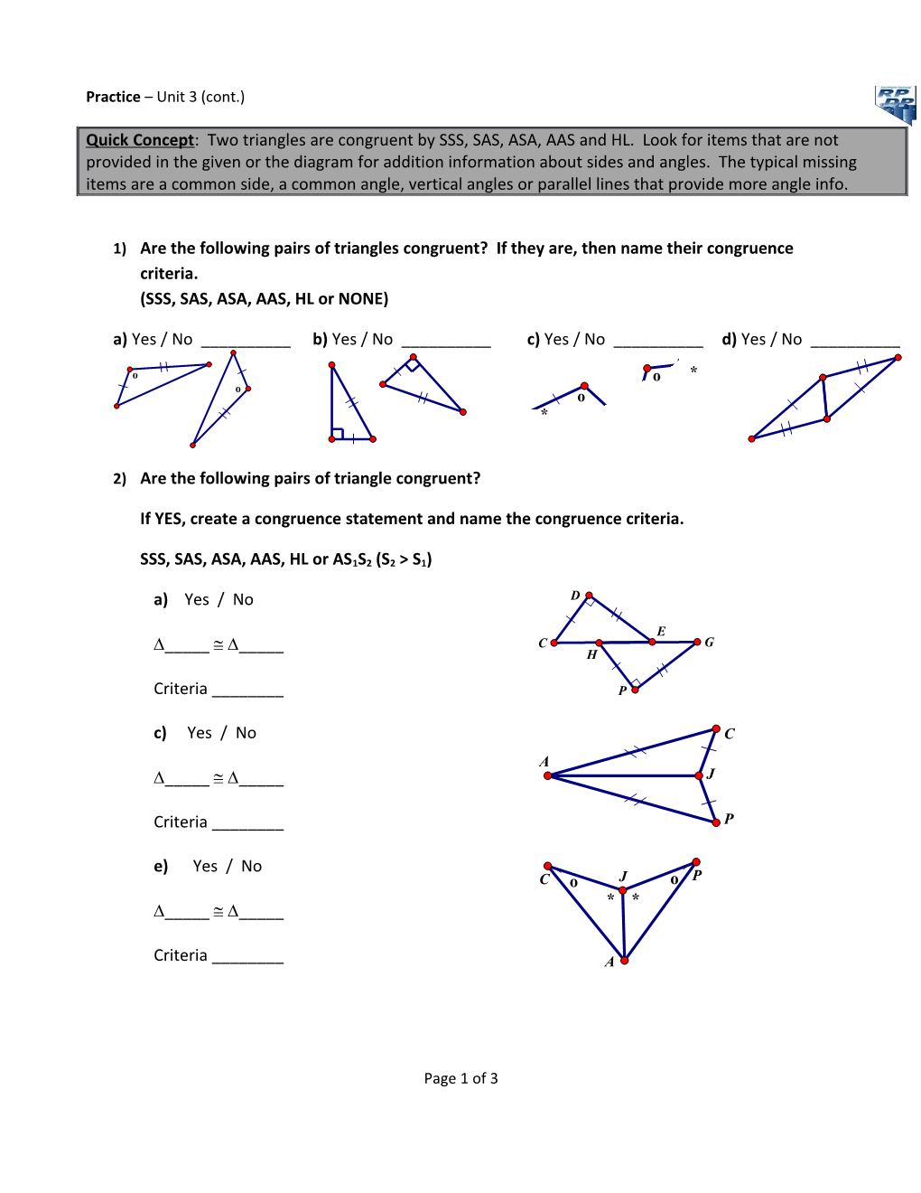 2)Are the Following Pairs of Triangle Congruent?