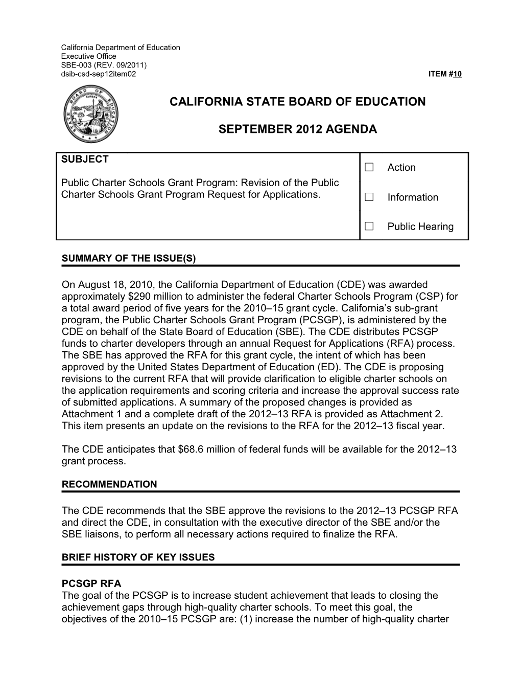 September 2012 Agenda Item 10 - Meeting Agenda (CA State Board of Education)