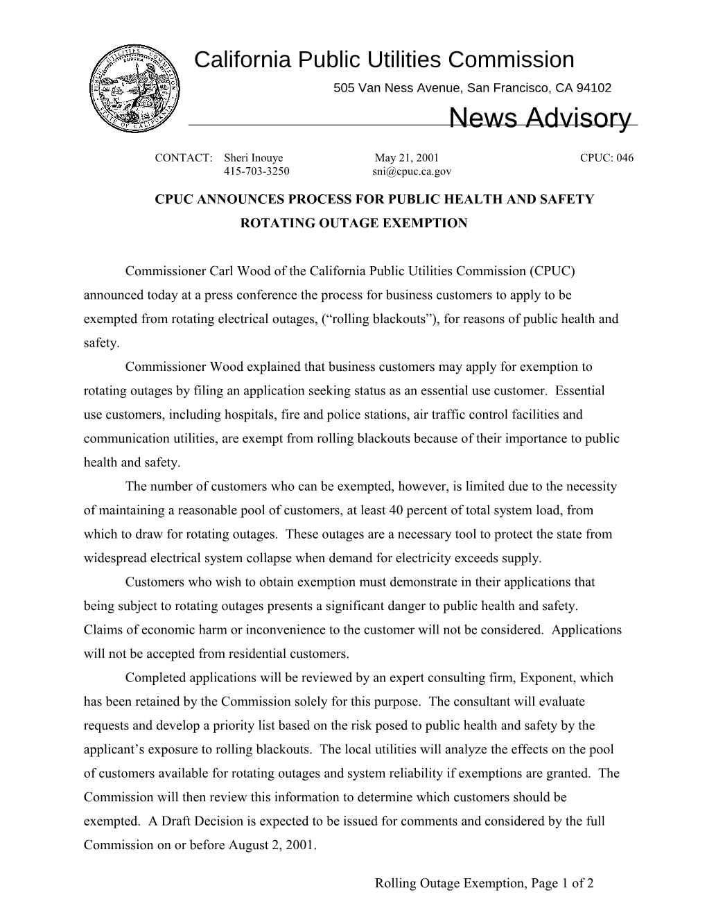 Cpuc Announces Process for Public Health and Safety Rotating Outage Exemption