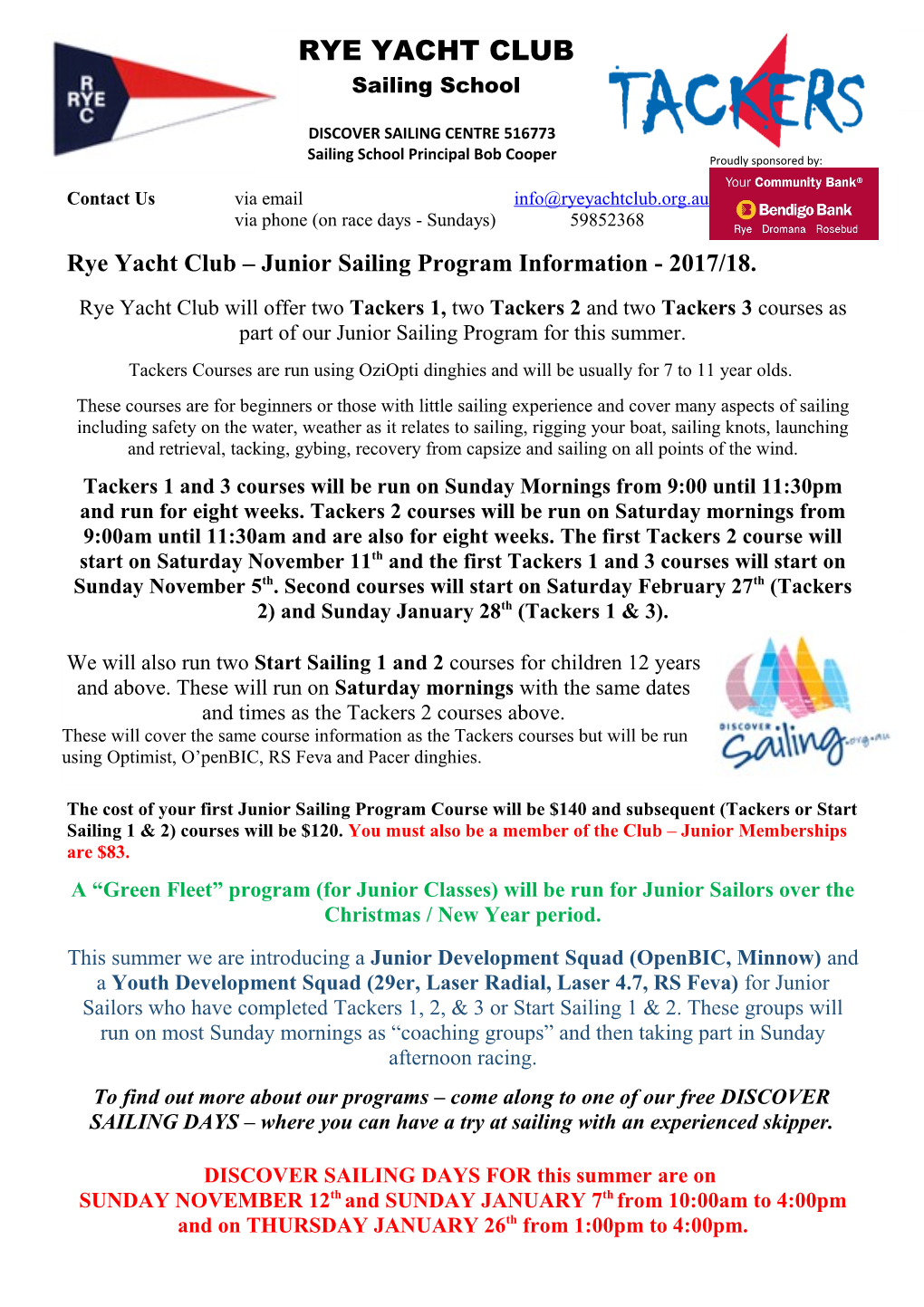 Rye Yacht Club Junior Sailing Program Information - 2017/18