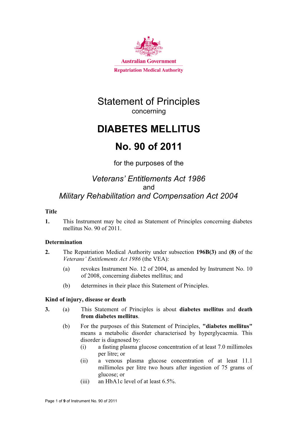Statement of Principles 90 of 2011 Diabetes Mellitus Balance of Probabilities