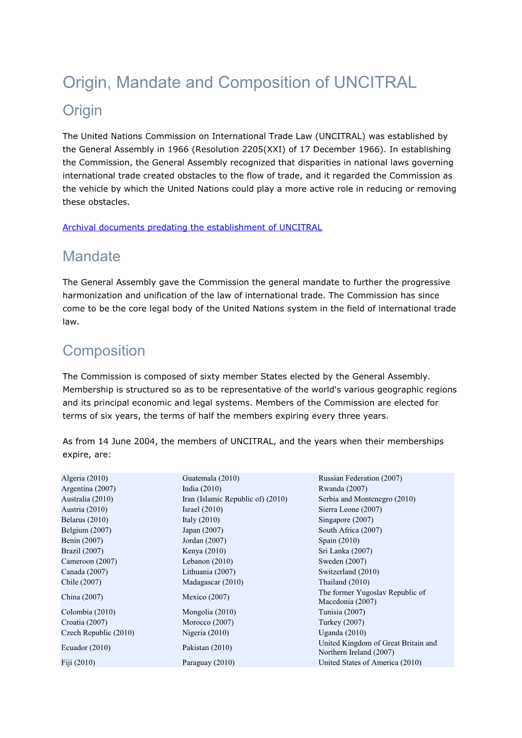 Origin, Mandate and Composition of UNCITRAL