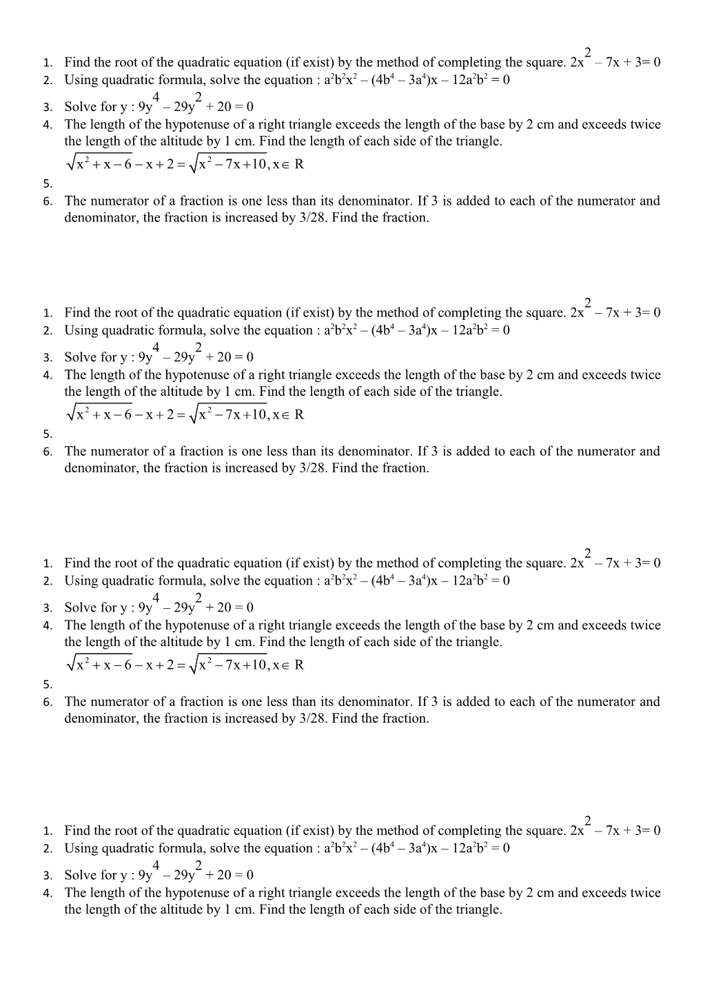 Using Quadratic Formula, Solve the Equation :A2b2x2 (4B4 3A4)X 12A2b2 = 0