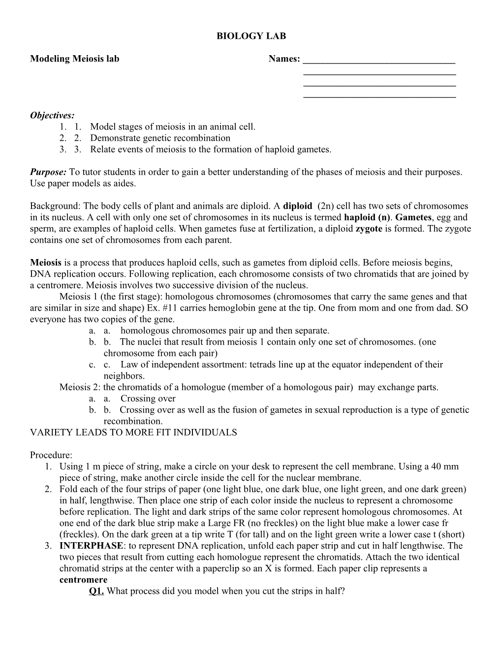 Modeling Meiosis Lab