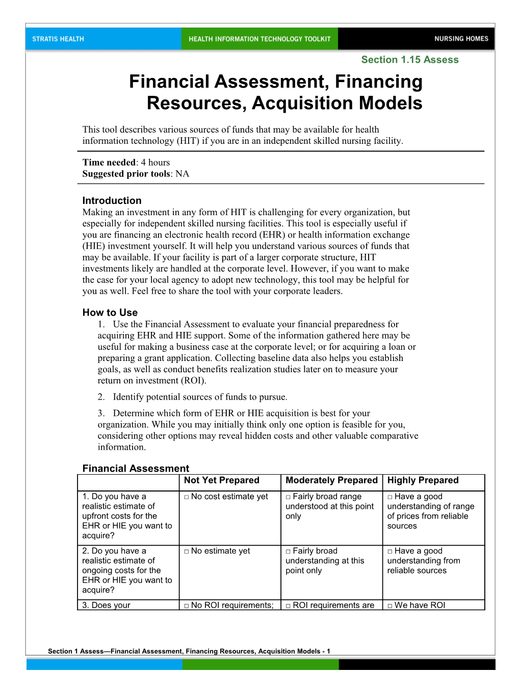 1 Financial Assessment, Financing Resources, Acquisition Models