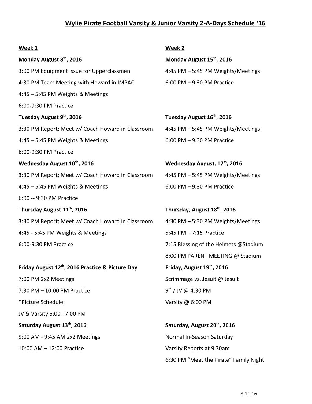 Wylie Pirate Football Varsity & Junior Varsity 2-A-Days Schedule 16