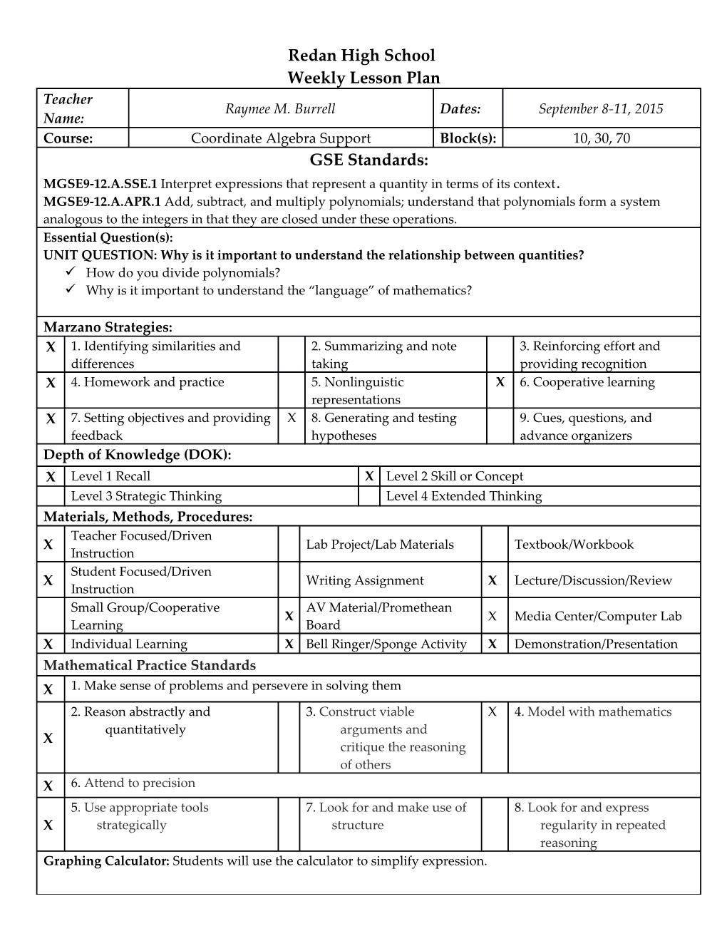 Summer School Weekly Lesson Plan