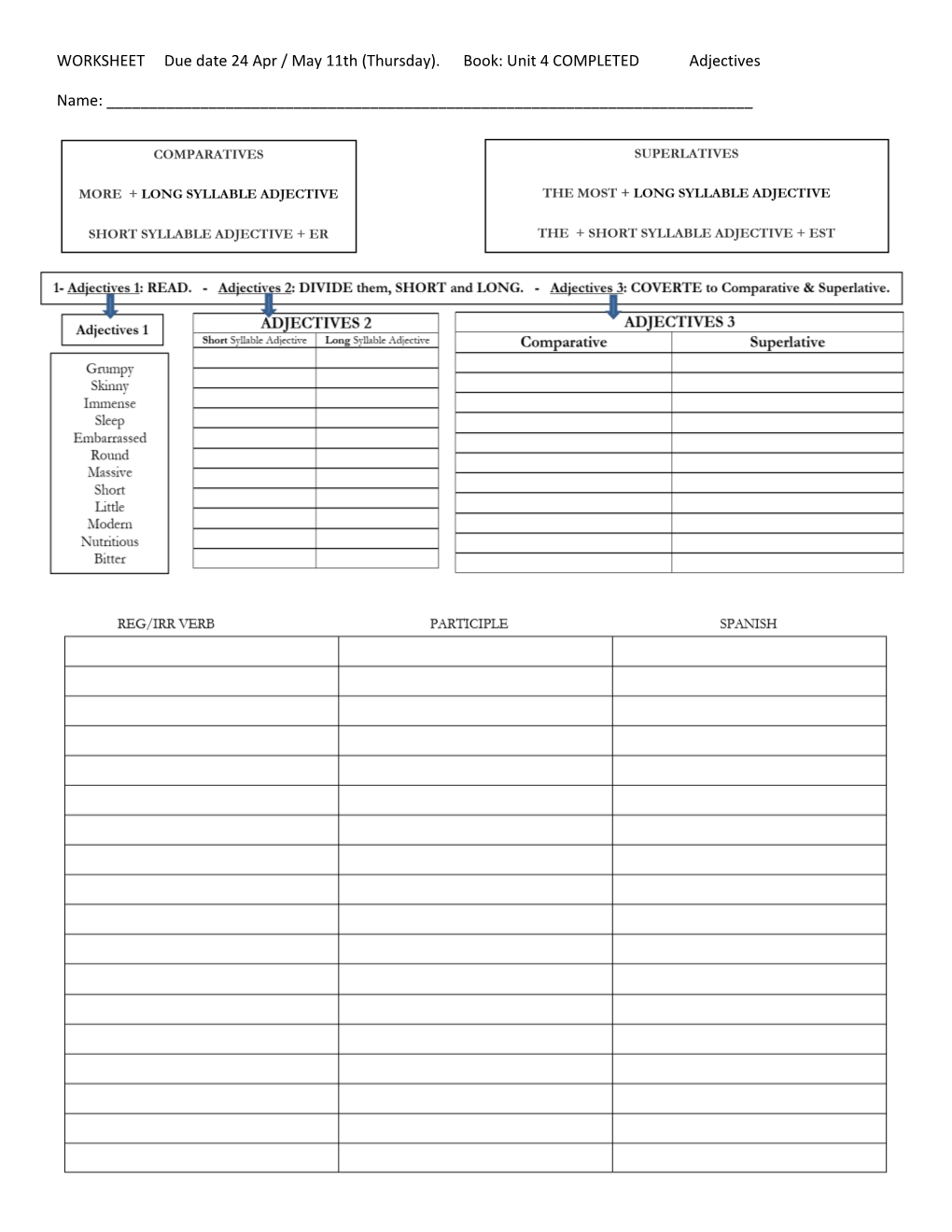 WORKSHEET Due Date 24 Apr / May 11Th (Thursday). Book: Unit 4 COMPLETED Adjectives