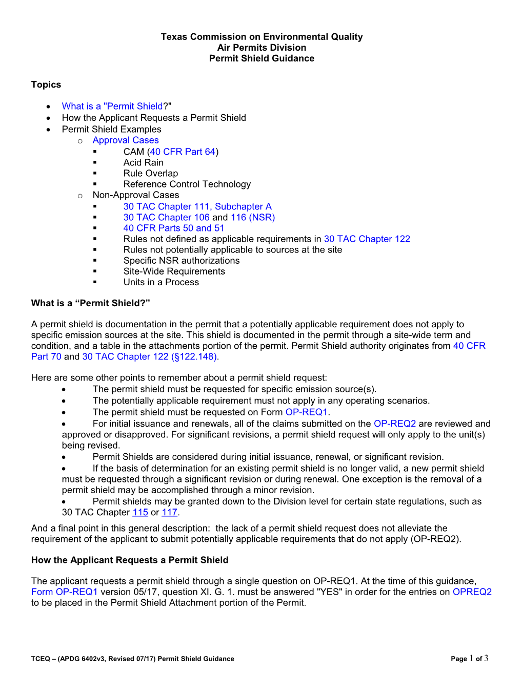 TCEQ-Air Permits Division Permit Shield Guidance