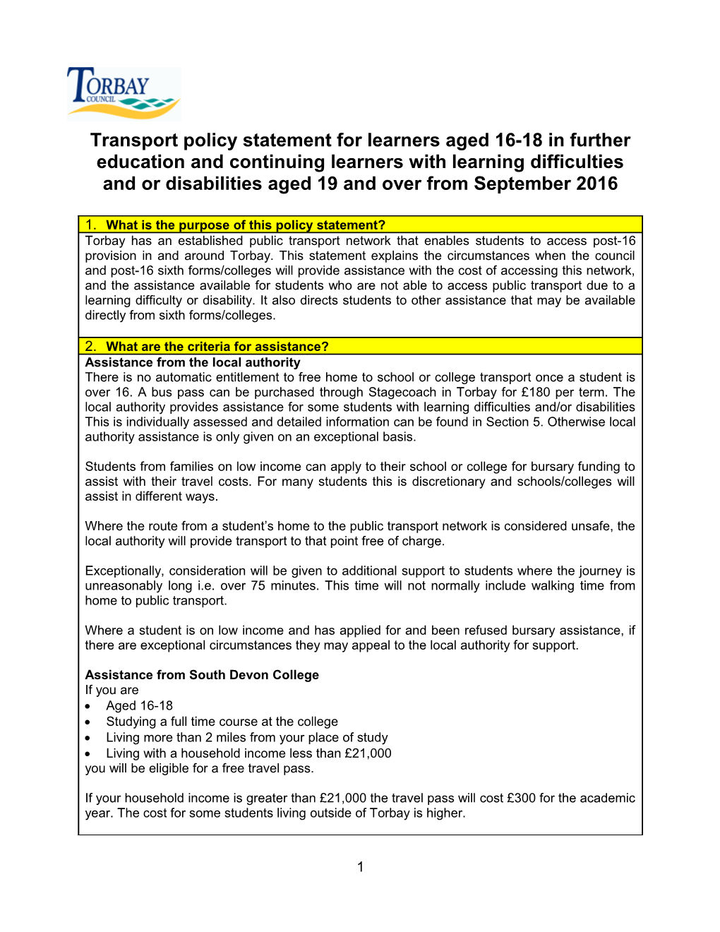 Transport Policy Statement for Learners Aged 16-18 in Further Education and Continuing