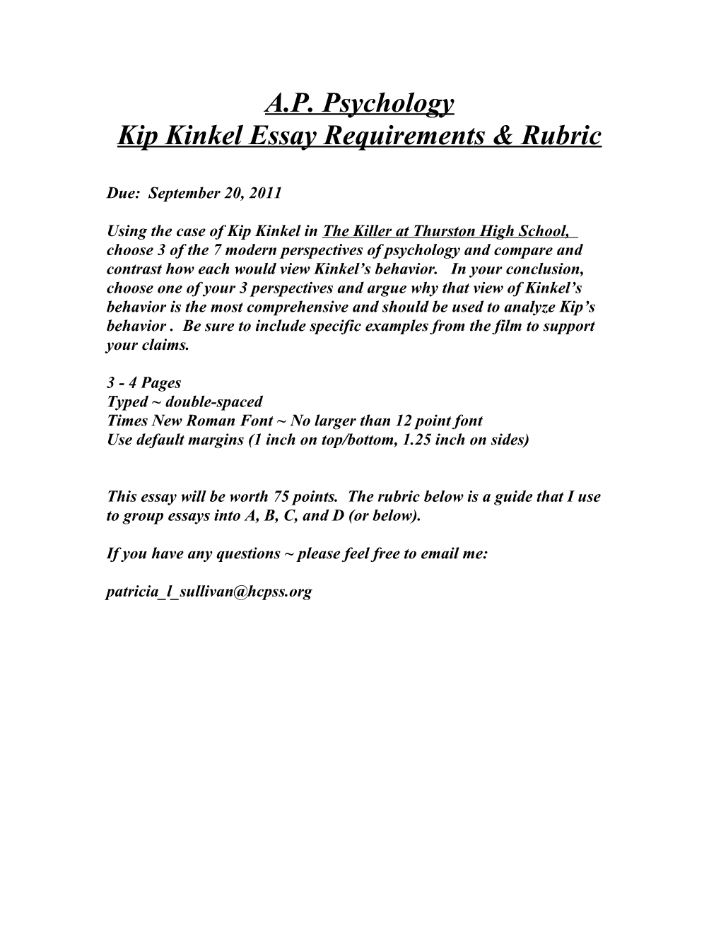 Kip Kinkel Essay Requirements & Rubric