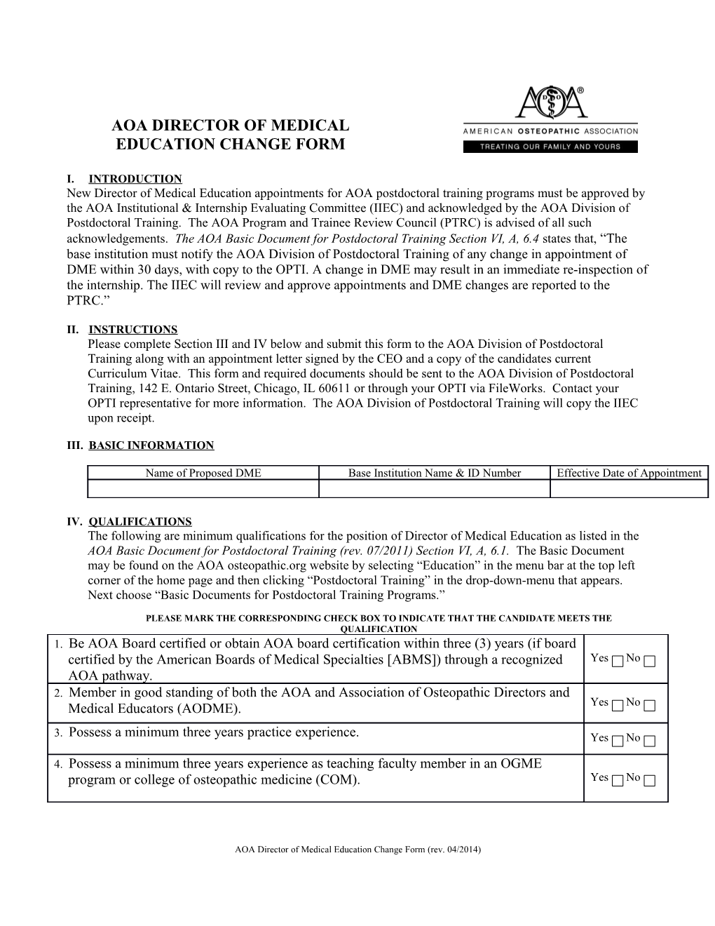 Aoa Director of Medical Education Change Form