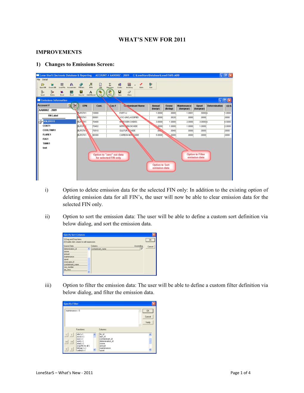 1) Changes to Emissions Screen