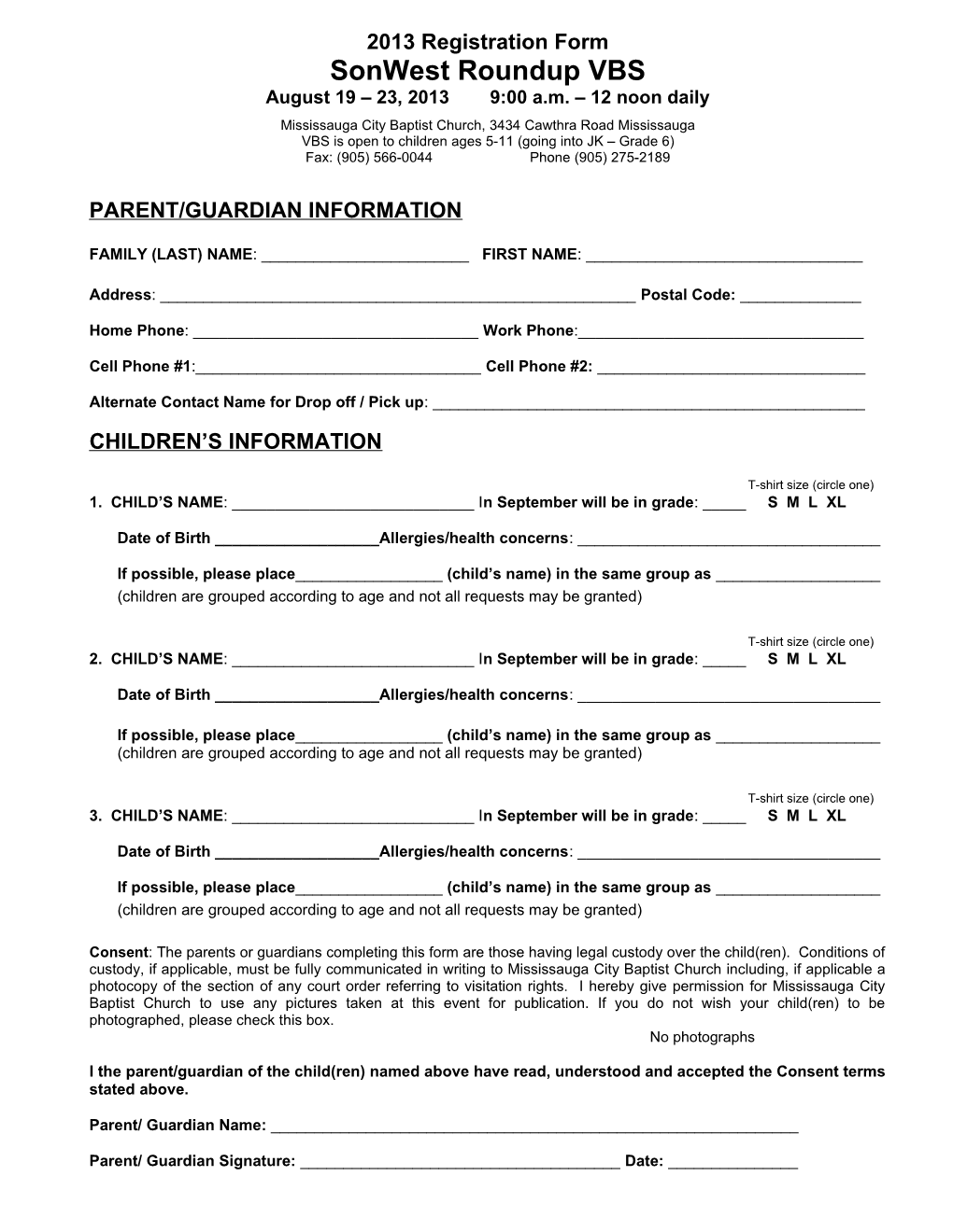 Artic Edge VBS Registration Form