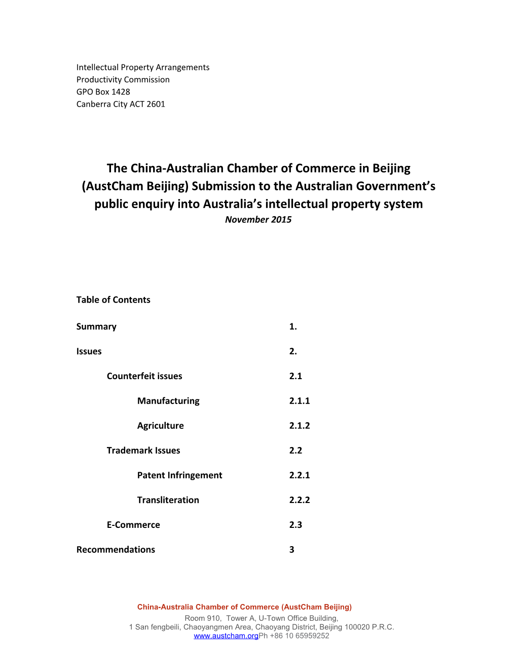 Submission 50 - China-Australia Chamber of Commerce - Intellectual Property Arrangements