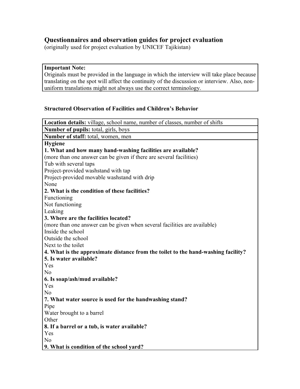 Questionnaires and Observation Guides for Project Evaluation