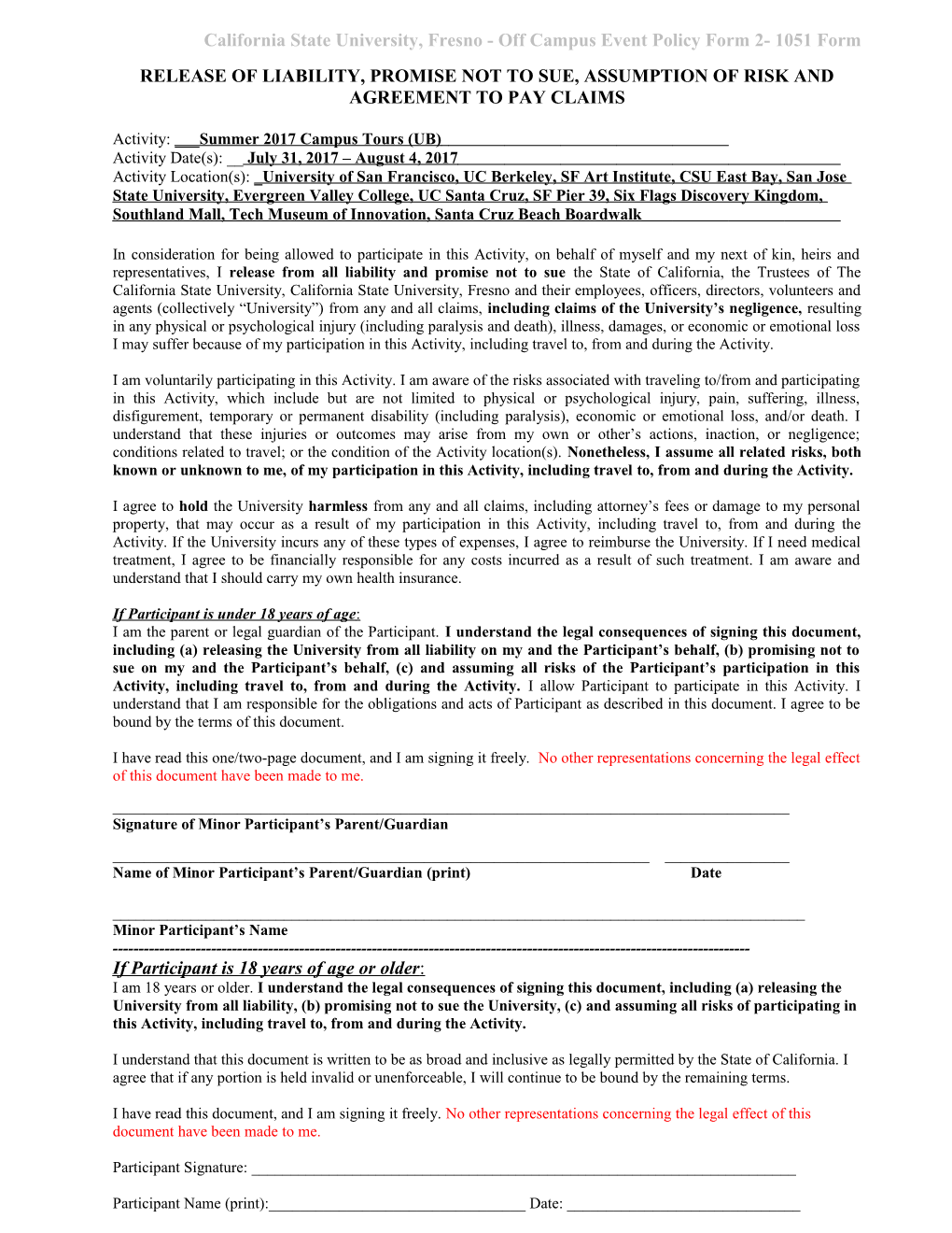 California State University, Fresno - Off Campus Event Policy Form 2- 1051 Form