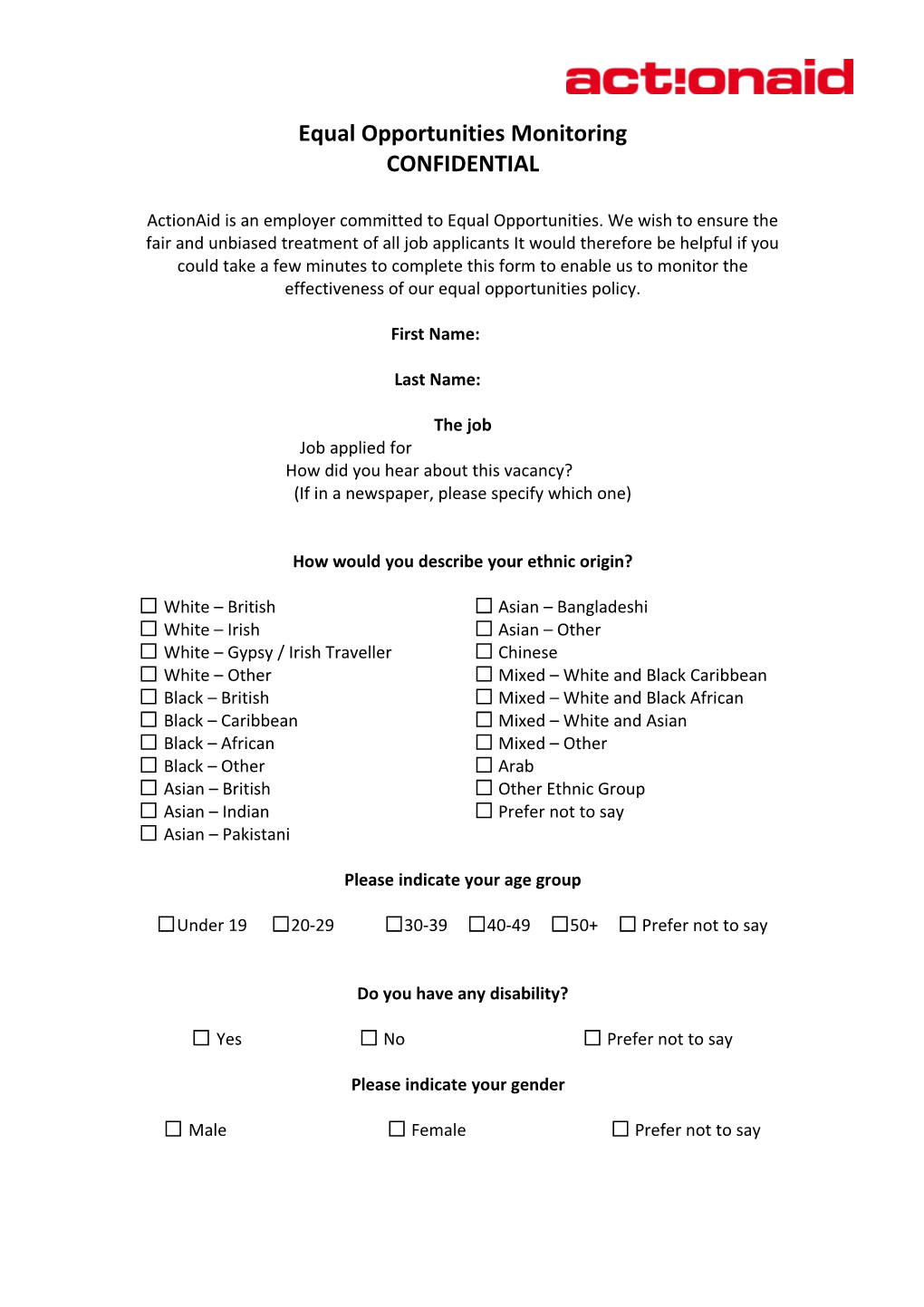 Equal Opportunities Monitoring Form 2012