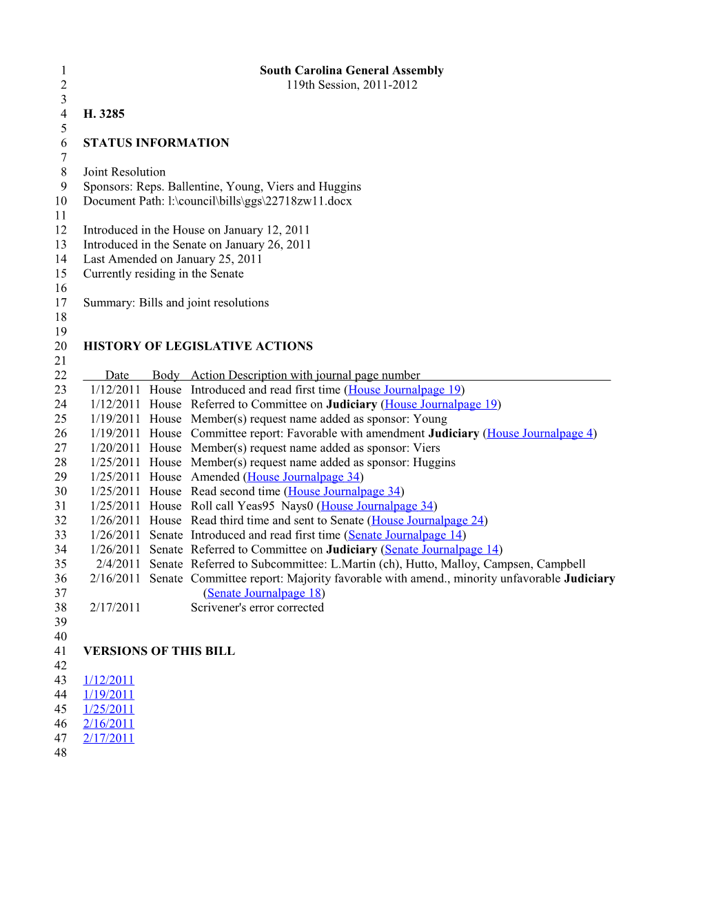 2011-2012 Bill 3285: Bills and Joint Resolutions - South Carolina Legislature Online