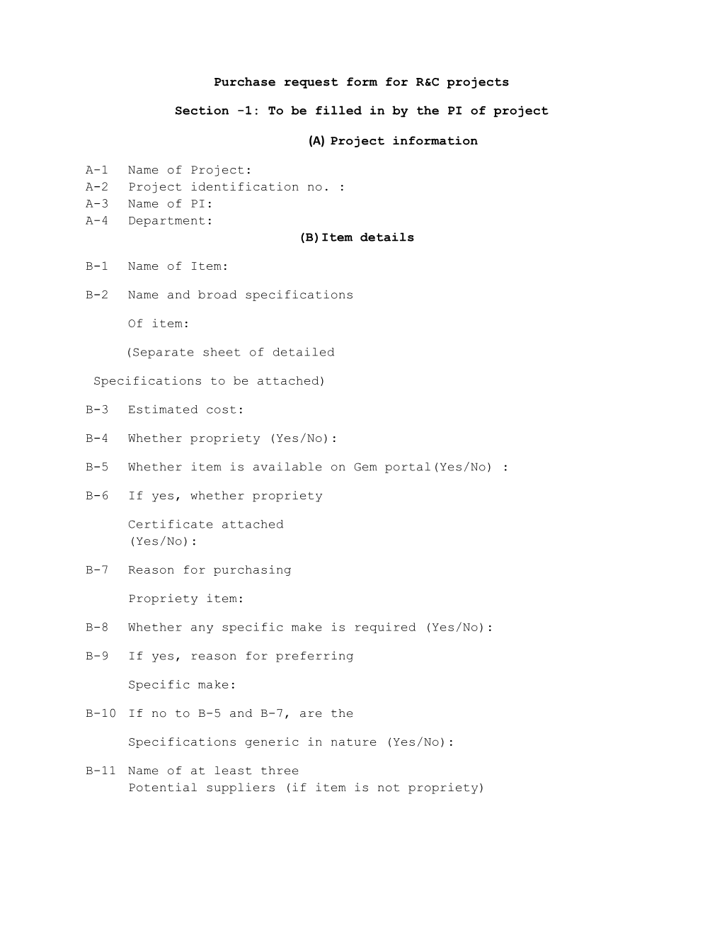 Purchase Request Form for R&C Projects