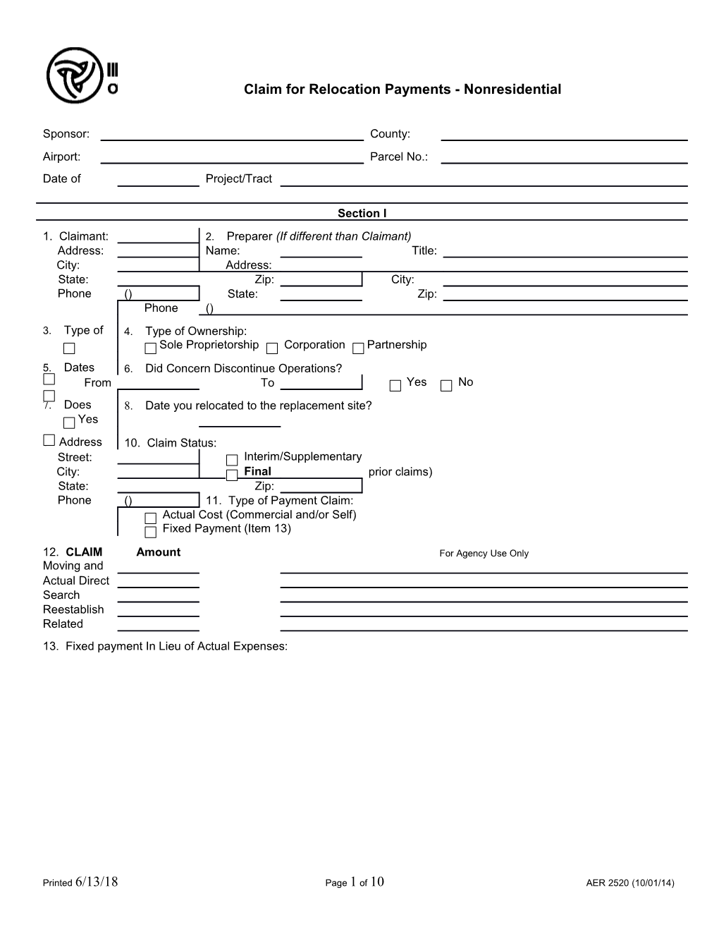 Claim for Relocation Payments - Nonresidential