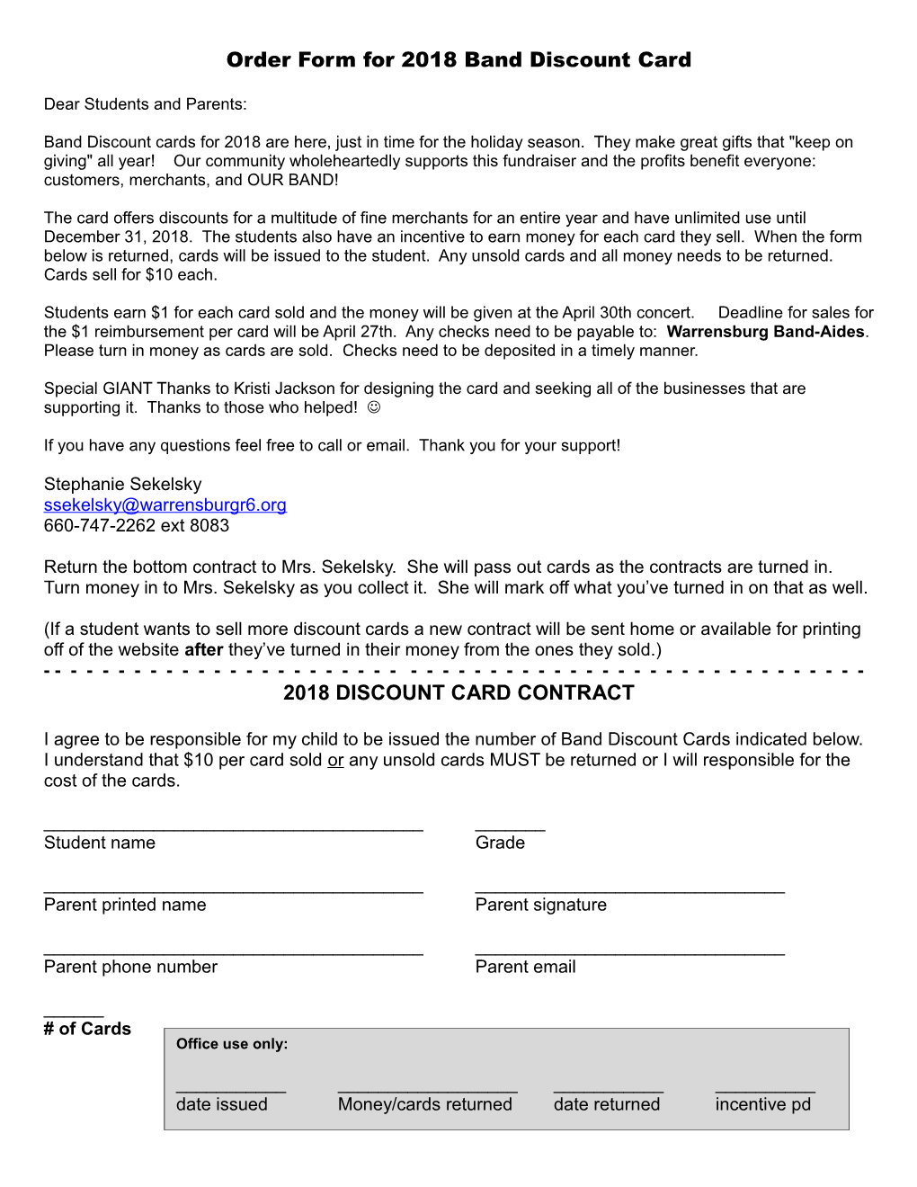 Order Form for 2010 Band Discount Card