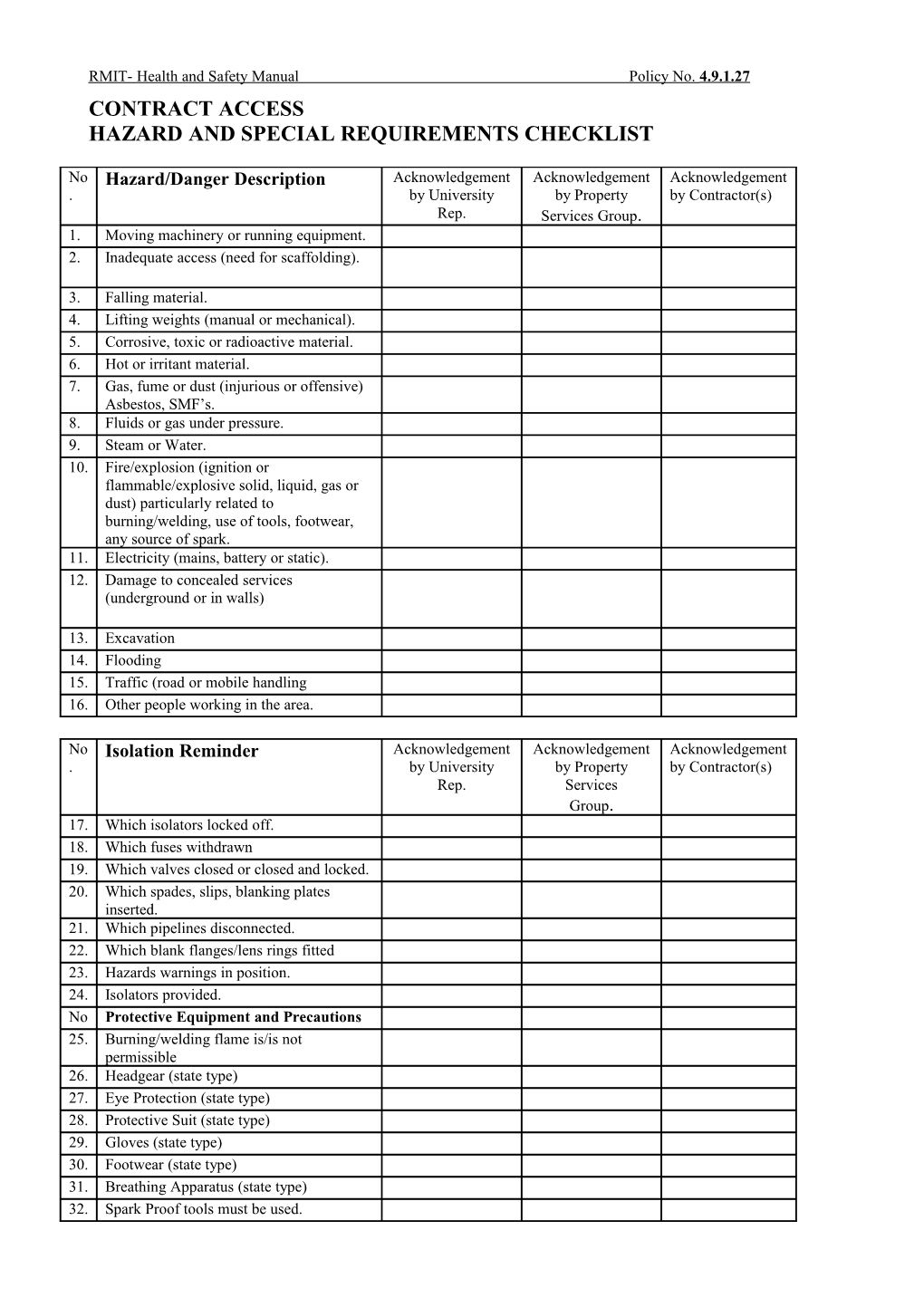 RMIT- Health and Safety Manual Policy No. 4.9.1.27