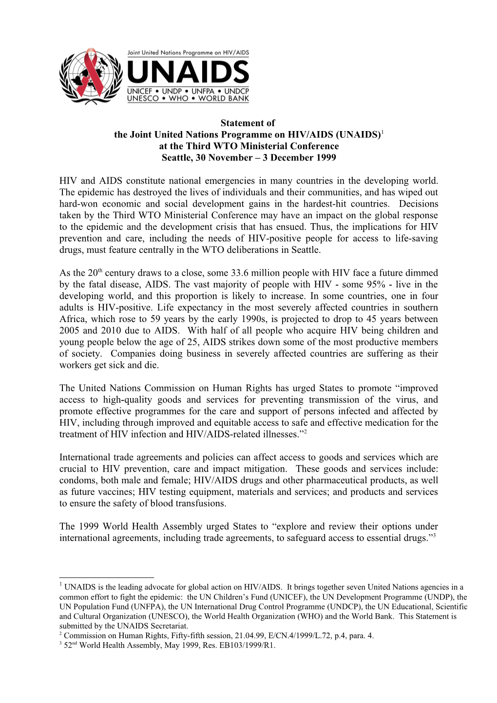 Statement of the Joint United Nations Programme on HIV/AID at the Third WTO Ministerial