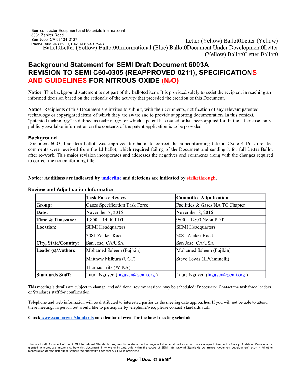 Background Statement for SEMI Draft Document 6003A