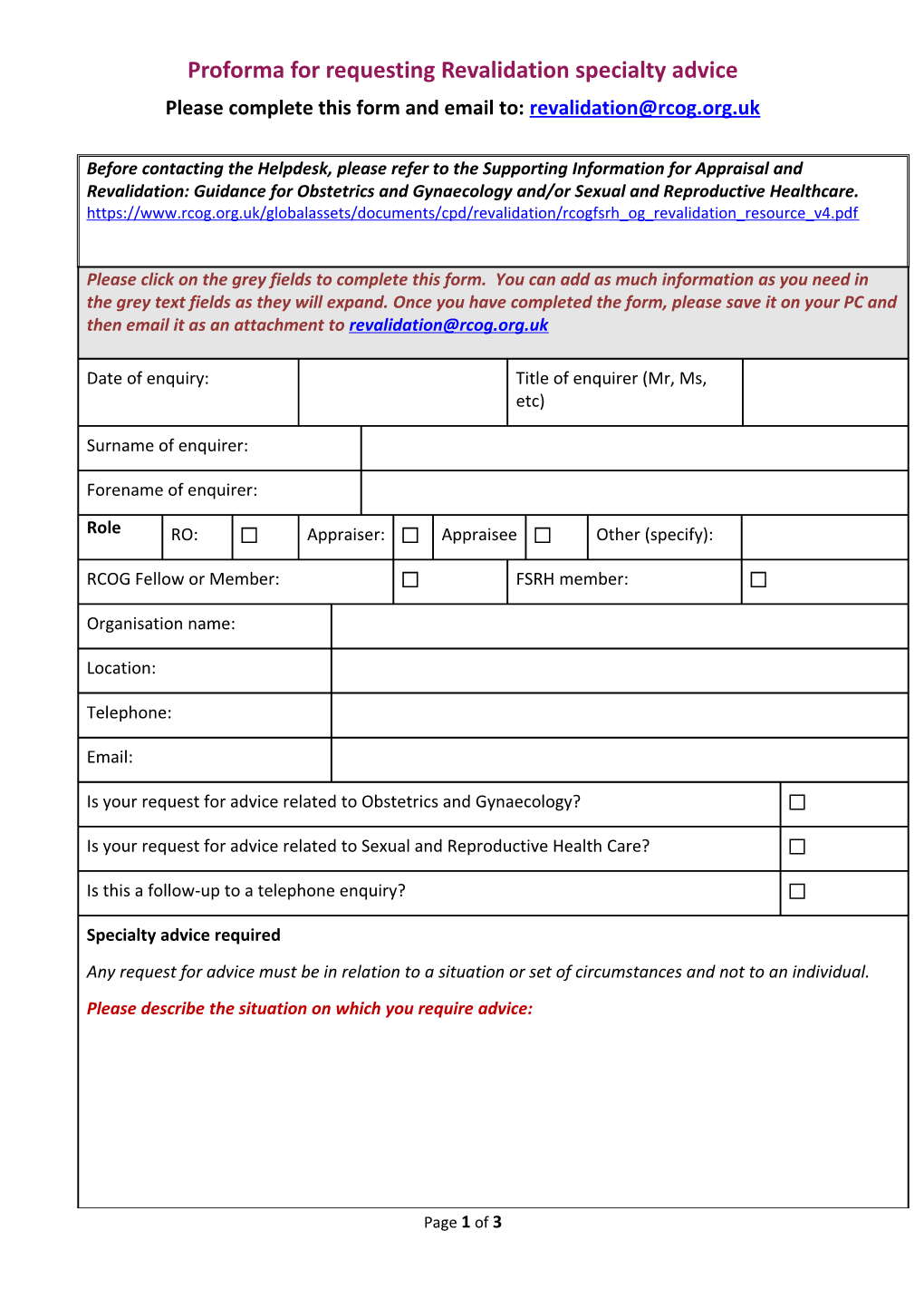 Proforma for Requesting Revalidation Specialty Advice