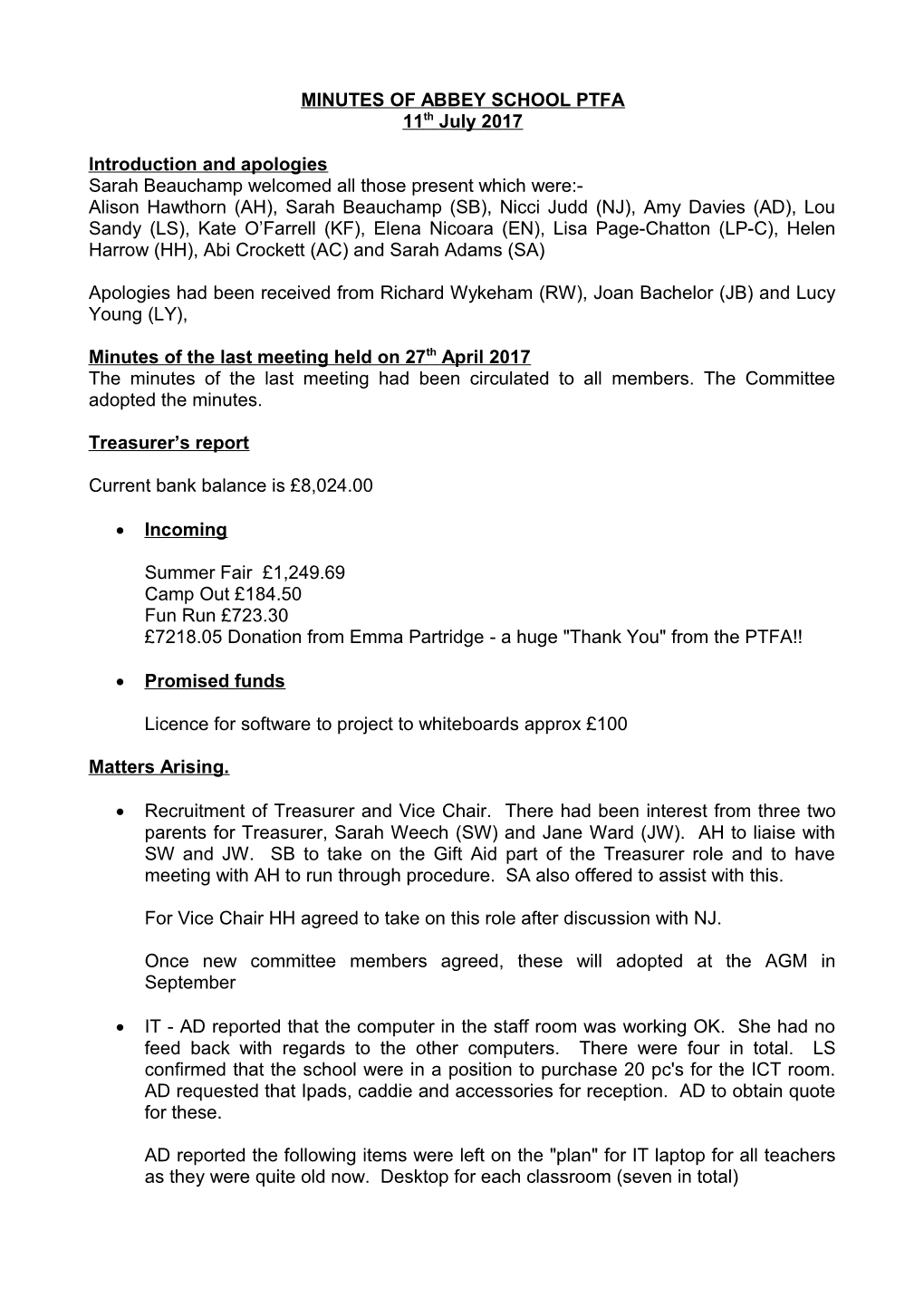 Minutes of Abbey School Ptfa