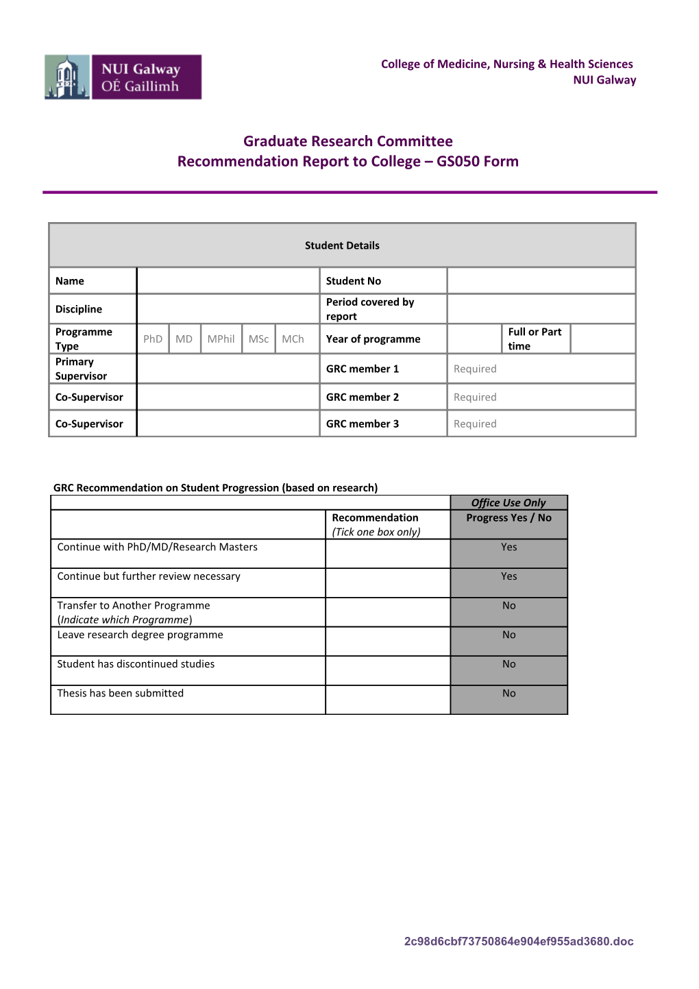Recommendation Report to College GS050 Form