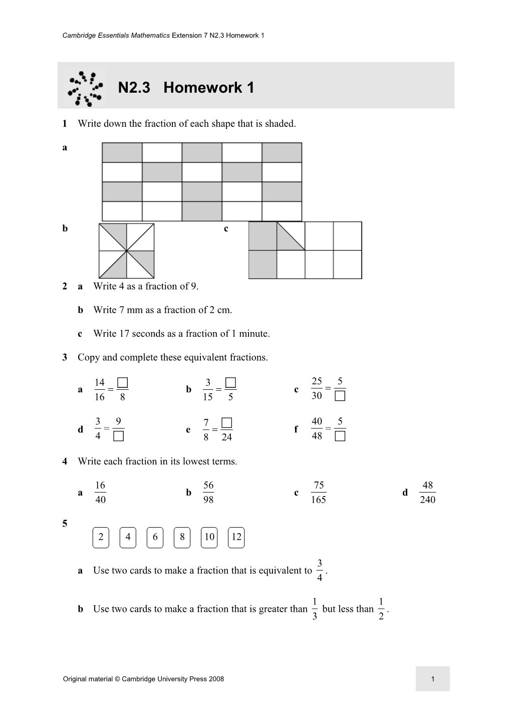 Cambridge Essentials Mathematics Extension 7 N2.3 Homework 1