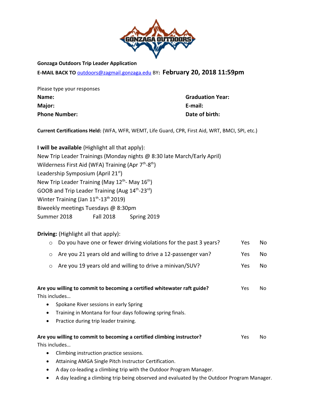 Gonzaga Outdoors Trip Leader Application