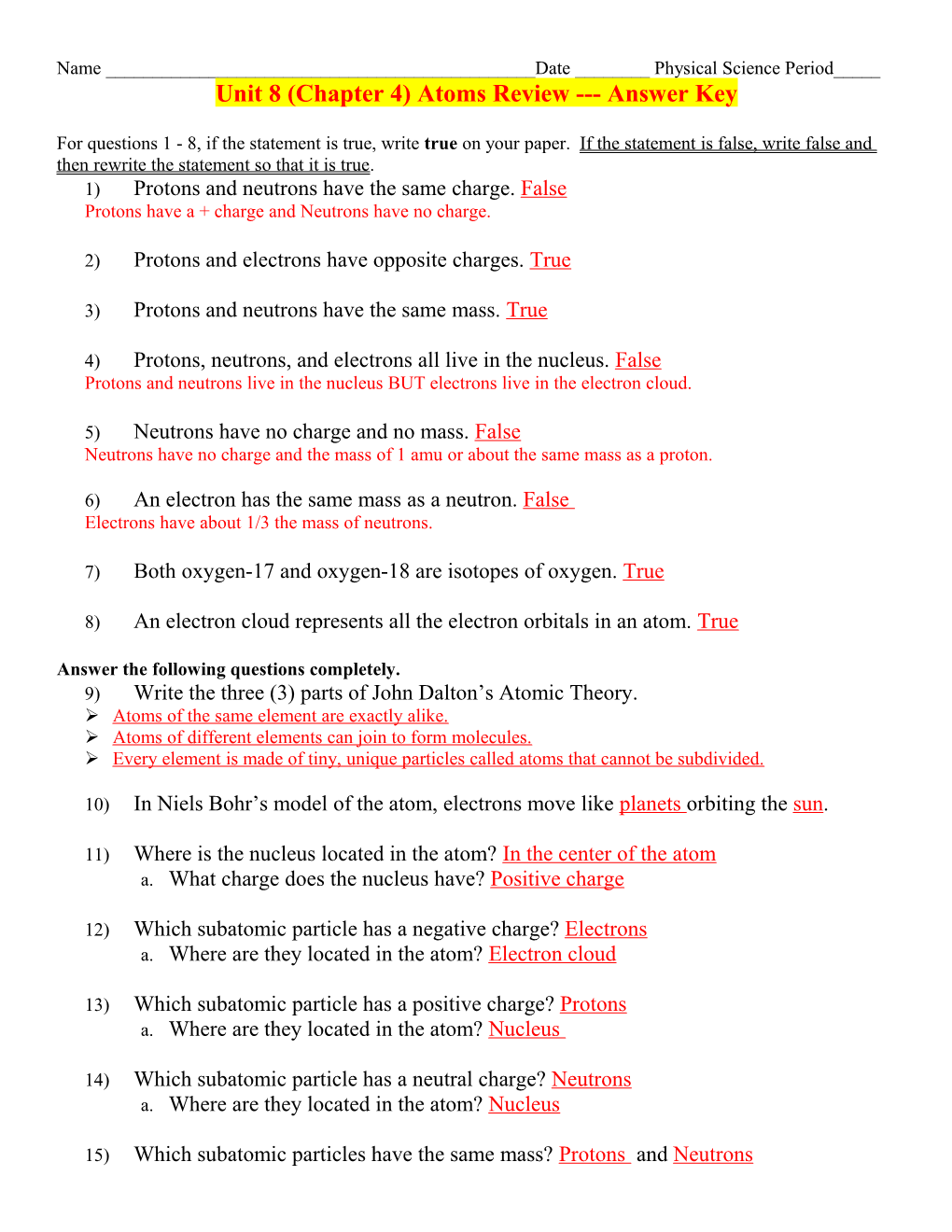 Unit 8 Worksheet Chapters 4 & 5 Atoms and the Periodic Table