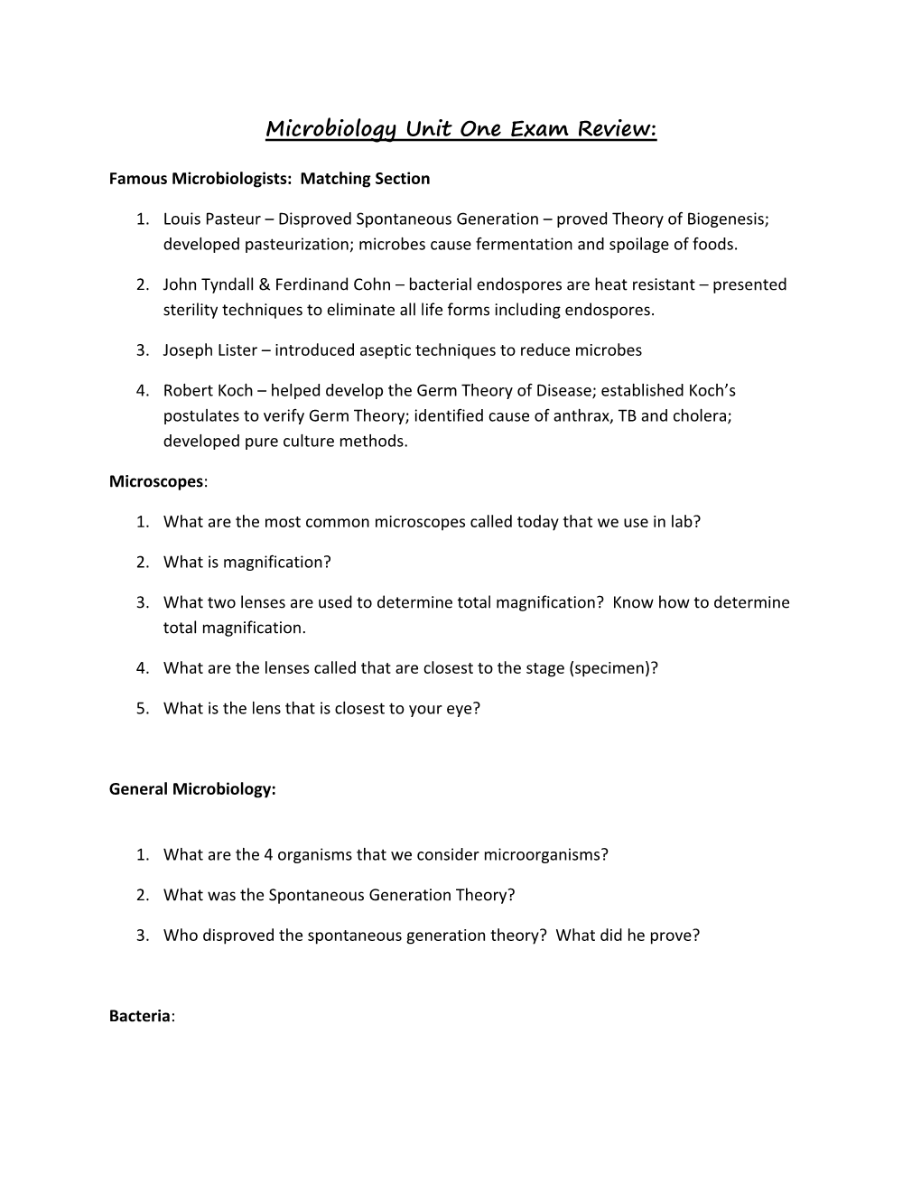 Microbiology Unit One Exam Review