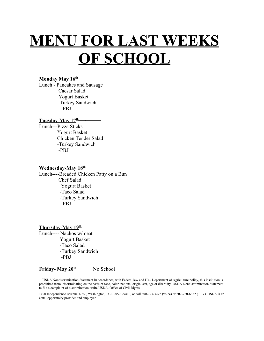 Menu for Last Week of School