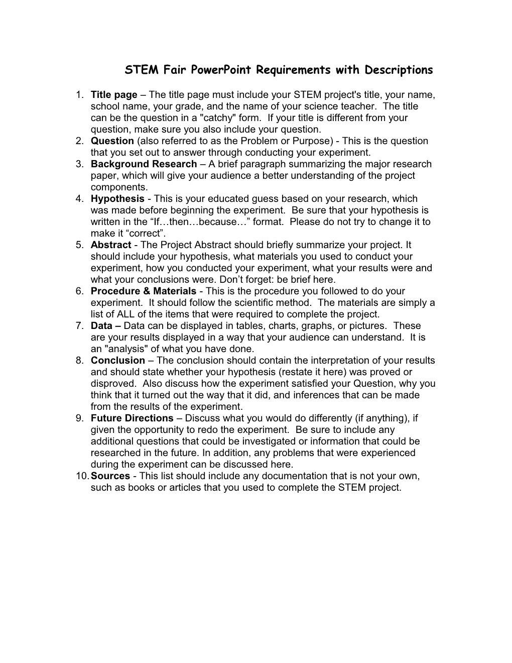 STEM Fair Powerpoint Requirements with Descriptions