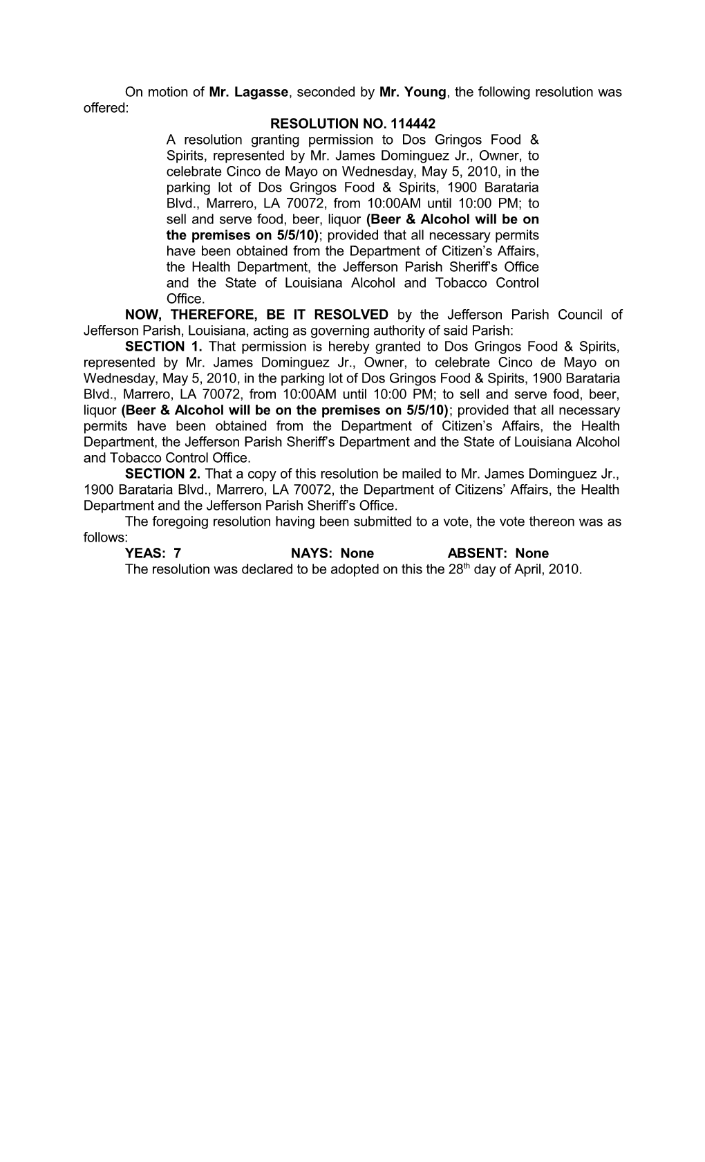 On Motion of Mr. Lagasse, Seconded by Mr. Young , the Following Resolution Was Offered