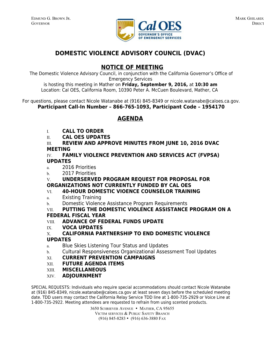 Domestic Violence Advisory Council (DVAC) Notice of Meeting - September 9, 2016 s1