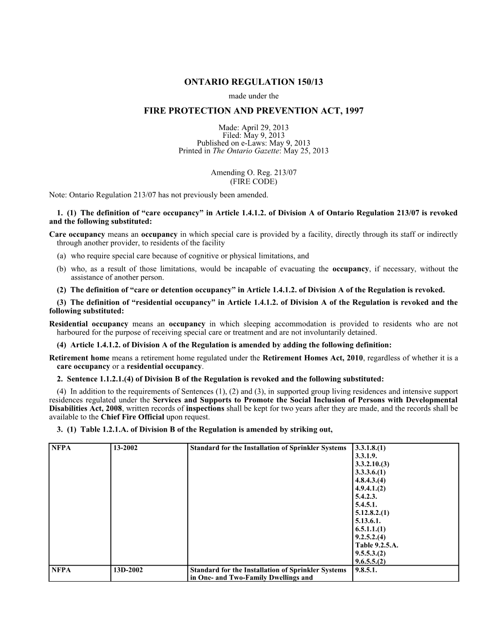 FIRE PROTECTION and PREVENTION ACT, 1997 - O. Reg. 150/13