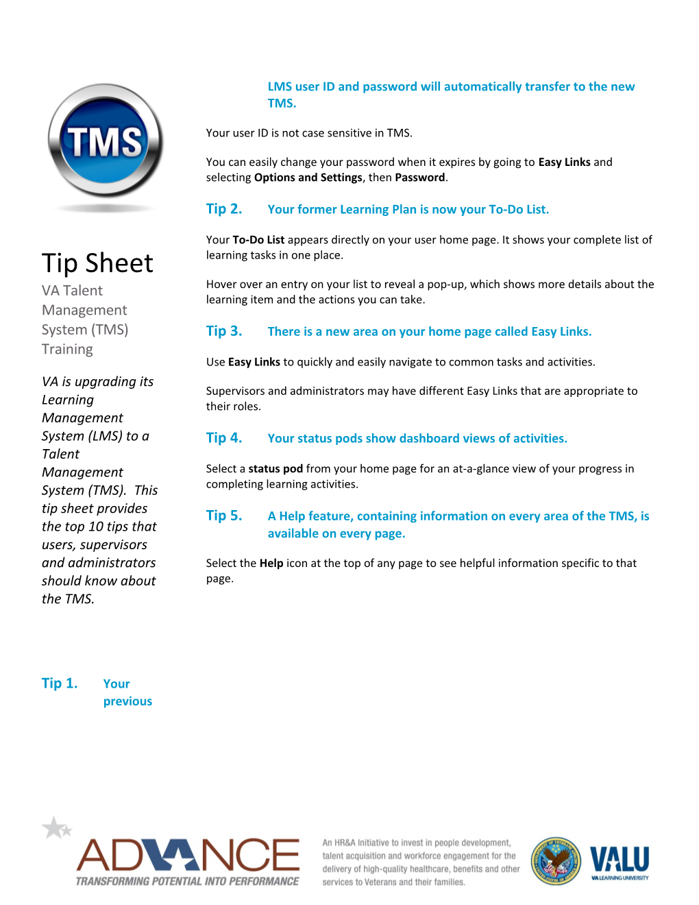 TMS Tip Sheet, Department of Veterans Affairs