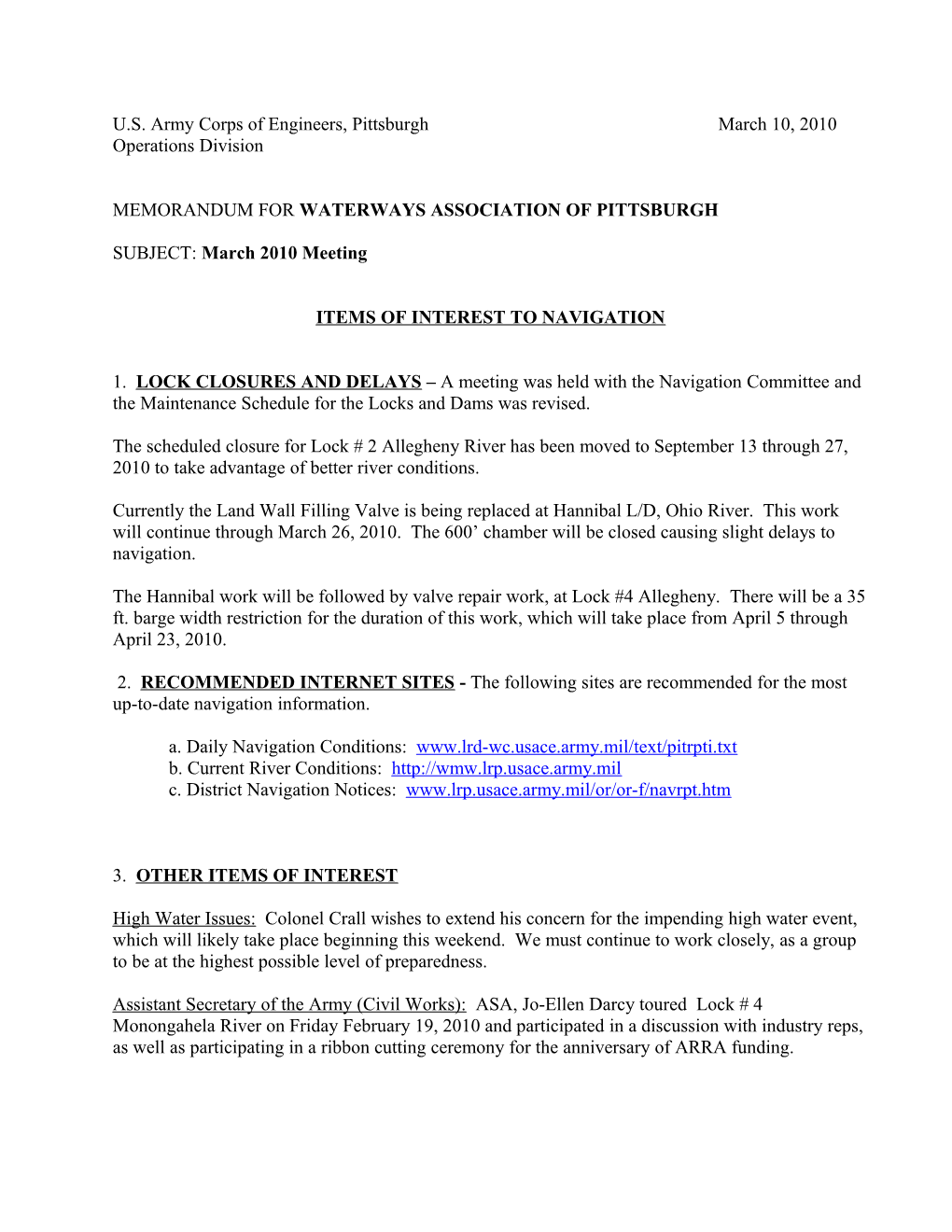 U.S. Army Corps of Engineers, Pittsburgh March 10, 2010
