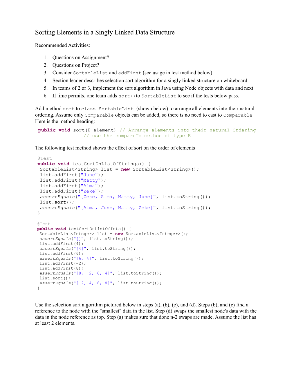 Sorting Elements in a Singly Linked Data Structure