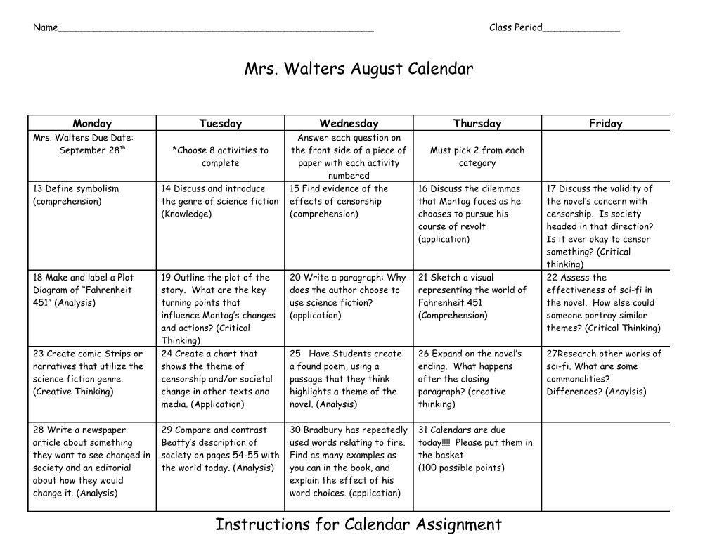 Instructions for Calendar Assignment