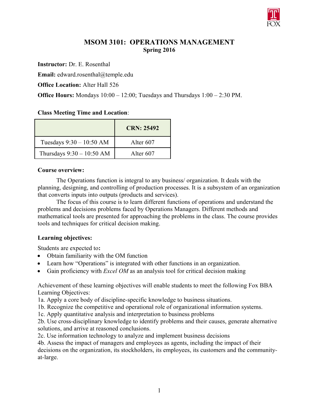 Msom 3101: Operations Management