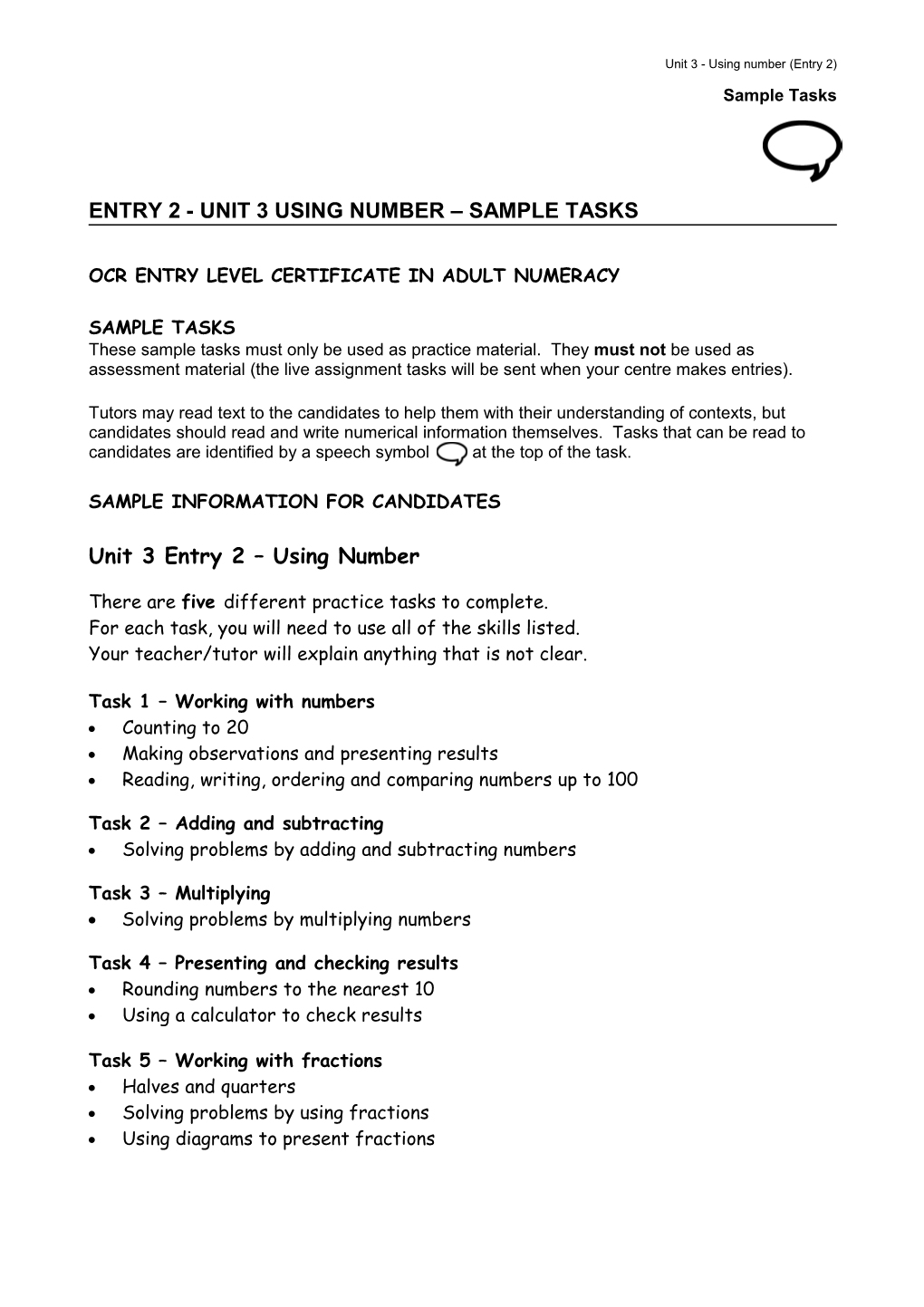 ENTRY 2 - Unit 3 Using Number SAMPLE TASKS