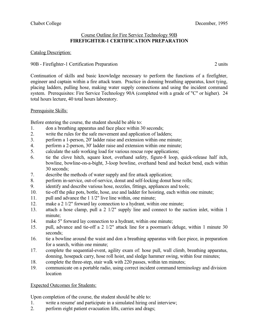 Course Outline for Fire Service Technology 90B, Page 3