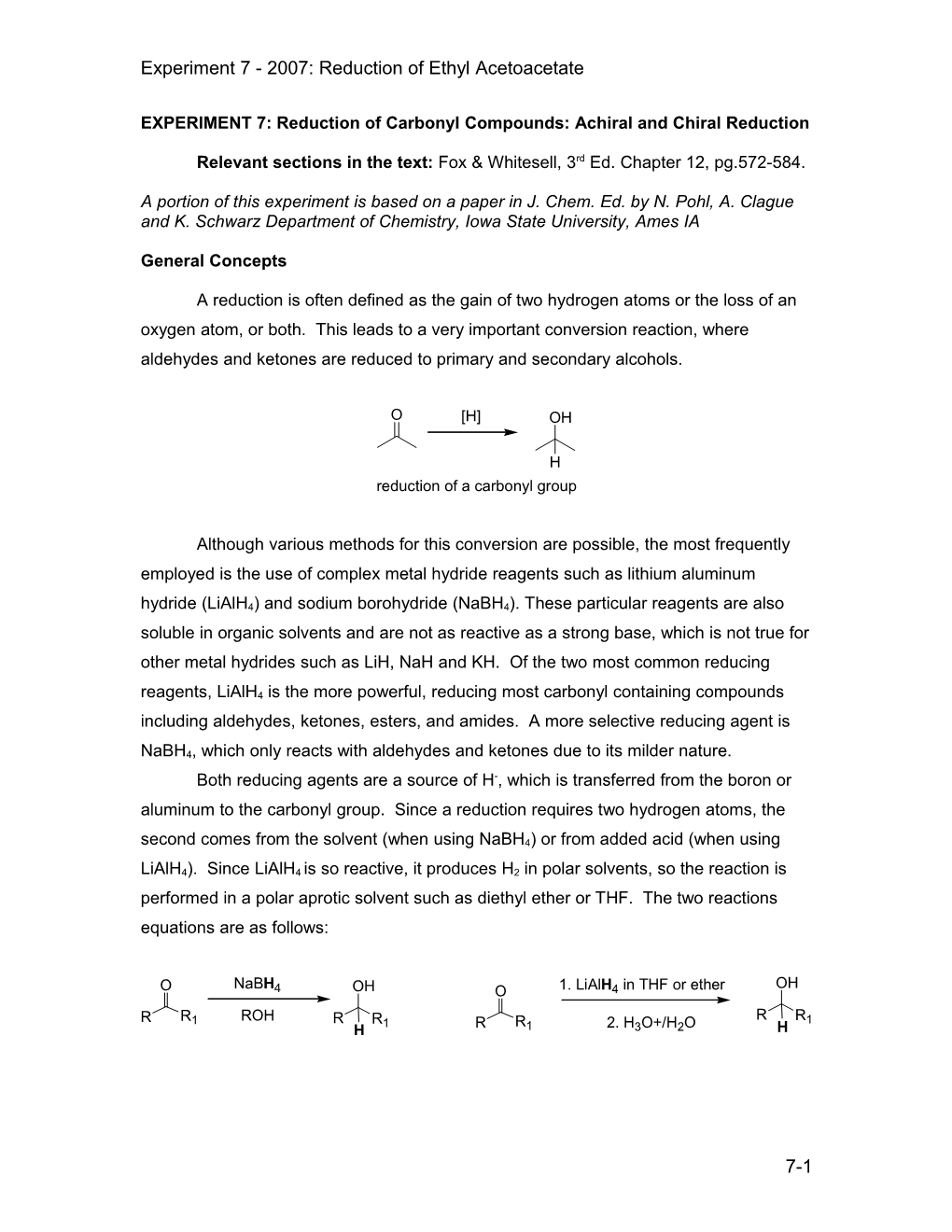 EXPERIMENT 7: Reduction of Carbonyl Compounds: Achiral and Chiral Reduction s1