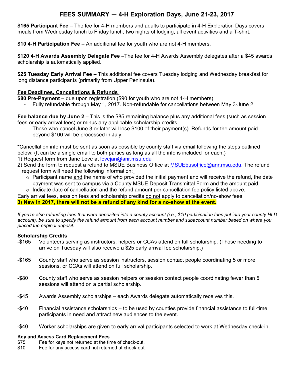 FEES SUMMARY 4-H Exploration Days, June 21-23, 2017